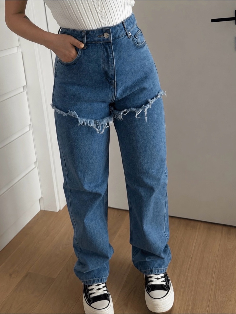Y2K High Rise Wide Leg Jeans with Distressed Skirt Overlay XS/S - Picture 1 of 2